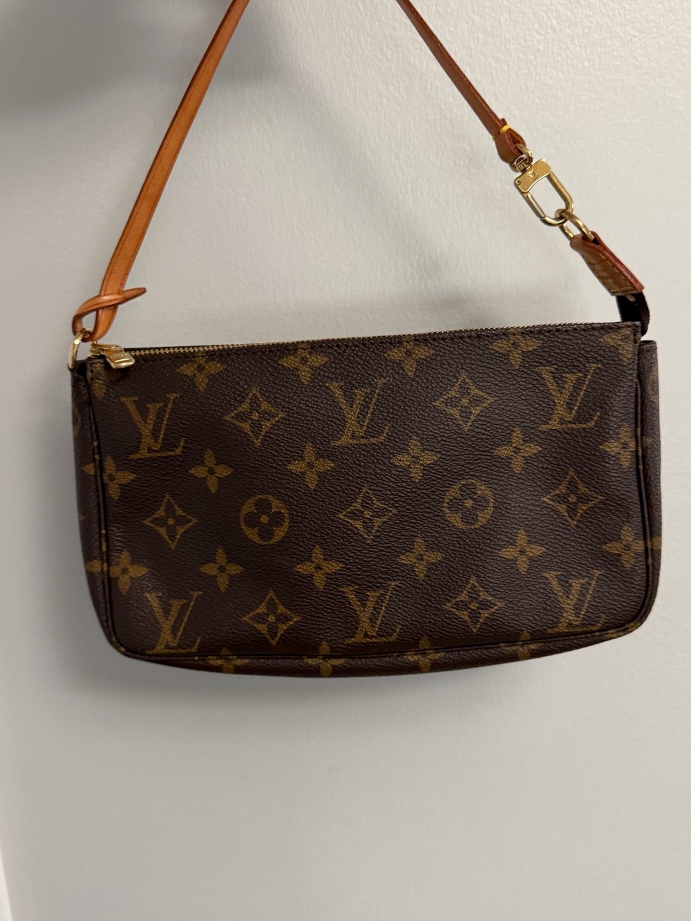 Louis Vuitton Monogram Pochette Shoulder Bag in Brown with Tan Strap